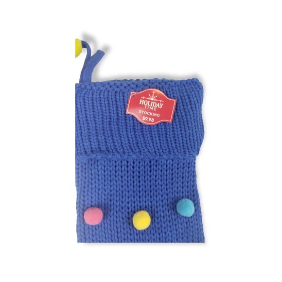 Holiday Time Blue Poms Knit 21 in Christmas Stocking with Tassels New - Picture 3 of 3